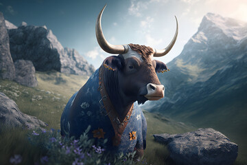 Portrait d'un taureau en vacances à la montagne » IA générative