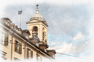 Italia, Torino. Da piazza Gran Madre di Dio panorama urbano chiesa, campanile con orologio. Monte...