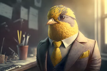 Fotobehang Portrait d'un canari anthropomorphe businessman travaillant dans les bureaux de sa société » IA générative © Maelgoa