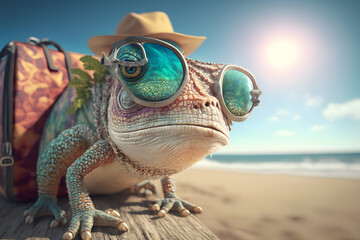 Portrait d'un caméléon en vacances à la mer » IA générative