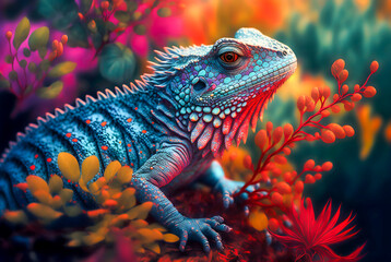 Whimsical iguana portrait, surrounded by lush florals and nature, Generative AI. - obrazy, fototapety, plakaty