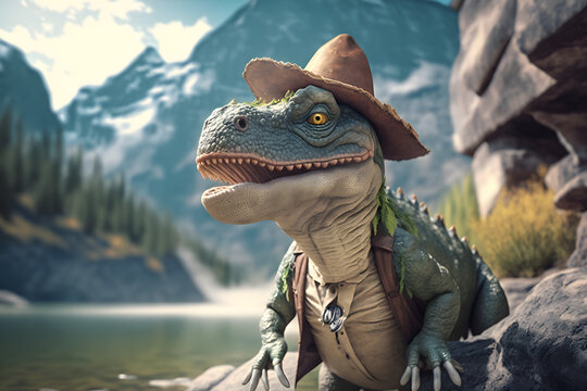 Portrait d'un dinosaure en vacances &agrave; la montagne &raquo; IA g&eacute;n&eacute;rative