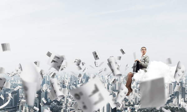 Woman Float Above City On Cloud And Papers Flying Around