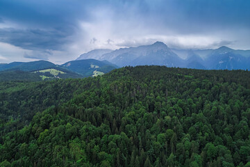 Fototapeta premium Aerial view of a beautiful landscape from Bucegi mountains in Romania, with forest green trees and cloudy sky. Travel to Romania.