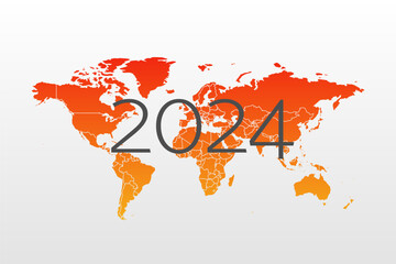 2024 World map infographic symbol. International illustration vector sign. Orange gradient global element for new year, business, presentation, sample, web design, media, news, blog, report