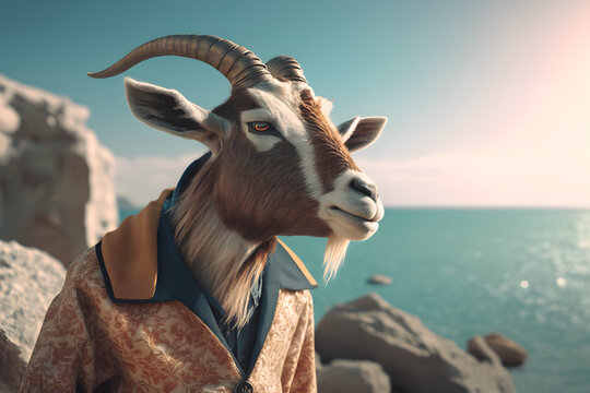 Portrait d'une ch&egrave;vre en vacances &agrave; la mer &raquo; IA g&eacute;n&eacute;rative