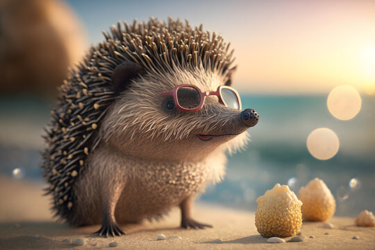 Portrait d'un h&eacute;risson en vacances &agrave; la mer &raquo; IA g&eacute;n&eacute;rative