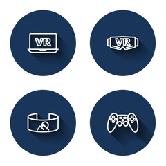 Set line Virtual reality, glasses, 360 degree view and Gamepad with long shadow. Blue circle button. Vector