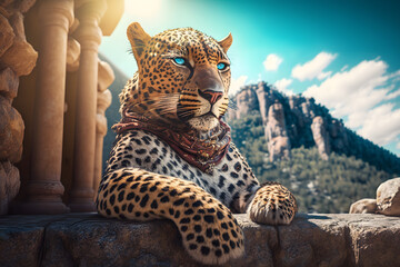 Fototapeta na wymiar Portrait d'un léopard en vacances à la montagne » IA générative