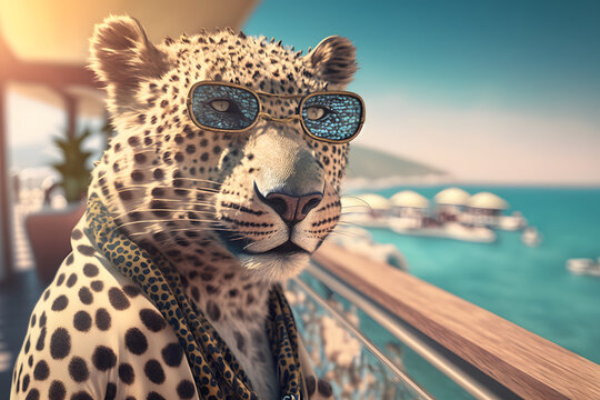 Portrait d'un l&eacute;opard en vacances &agrave; la mer &raquo; IA g&eacute;n&eacute;rative