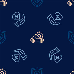 Set line Life insurance with shield, hand and Car on seamless pattern. Vector