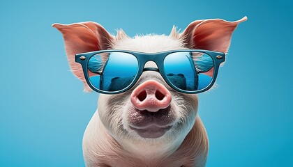 Funny pig with sunglasses on a blue colored background. Cute little piggy smiling at camera. Content generated with generative AI