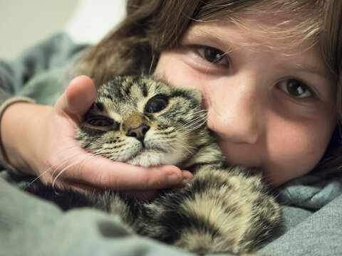 Close-up of girl cuddling with young cat