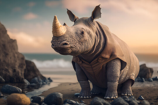 Portrait d'un rhinoc&eacute;ros en vacances &agrave; la mer &raquo; IA g&eacute;n&eacute;rative