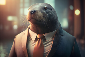 Portrait d'un phoque anthropomorphe businessman travaillant dans les bureaux de sa société » IA générative