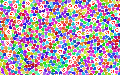 Fototapeta na wymiar A background of colored hearts, where there are also red, right hearts at random.