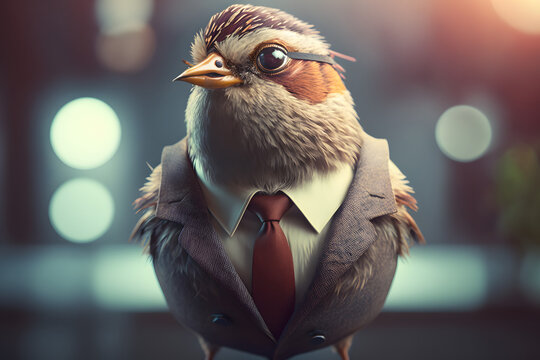 Portrait d'un moineau anthropomorphe businessman travaillant dans les bureaux de sa soci&eacute;t&eacute; &raquo; IA g&eacute;n&eacute;rative