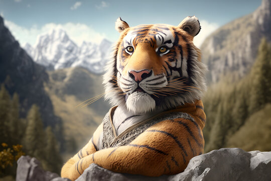 Portrait d'un tigre en vacances à la montagne » IA générative
