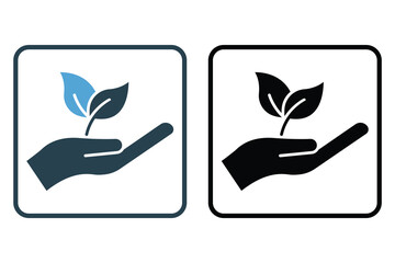 Ecology icon illustration. hand icon with leaf. icon related to renewable energy. Solid icon style. Simple vector design editable