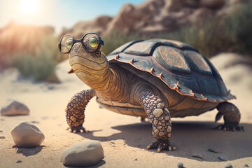 Portrait d'une tortue en vacances à la mer » IA générative - obrazy, fototapety, plakaty