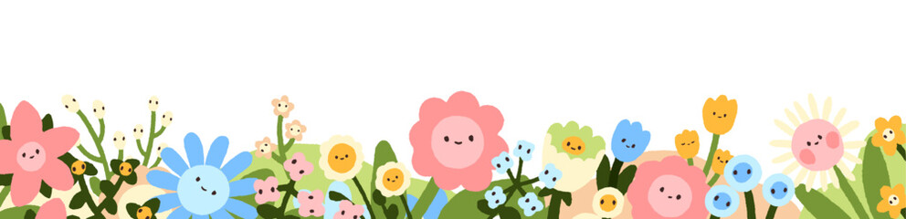 Obraz na płótnie Canvas Cute happy flowers, spring floral nature border. Kids kawaii plants with smiling faces, long web banner decoration in naive childish style. Flat vector illustration isolated on white background