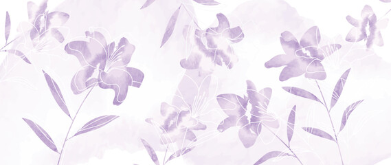 Abstract floral art background vector. Luxury spring lily flowers and gold line art watercolor texture background. Art design illustration for wallpaper, poster, banner card, print, web and packaging