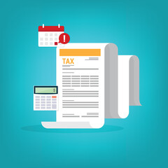 Tax payment. Data analysis, paperwork, financial research report and calculation of tax return. Payment of debt. Vector illustration