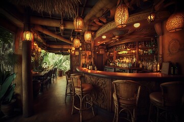 Fototapeta na wymiar Rumpus tiki Hawaiian vibe bar interior by the ocean 