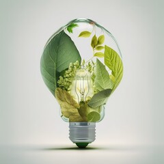 Obraz na płótnie Canvas Caring for the environment, energy saving. Light bulb with leaves. Generative AI