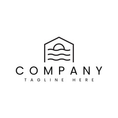 home with ocean wave line and sun logo design