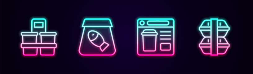 Set line Coffee cup to go, Online ordering fish, food and Lunch box. Glowing neon icon. Vector