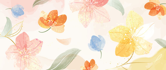 Abstract floral art background vector. Hand painted watercolor botanical spring flowers gold ink splatter texture. Art design illustration for wallpaper, poster, banner card, print, web and packaging