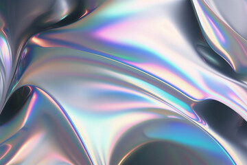 Abstract trendy holographic background. Iridescent color wrinkled foil texture with multiple colors. Hologram gradient mesh surface. Generative AI.