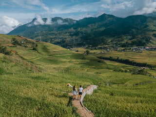 Rice terraces, agricultural fields in countryside Sapa Vietnam mountain hills valley on summer in...