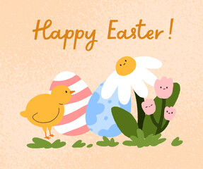Happy Easter postcard background design. Spring religious traditional holiday card with cute chicken, dyed eggs, kawaii flowers. Kids fairytale characters. Childish flat vector illustration