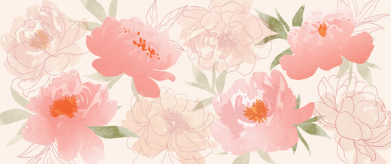 Abstract floral art background vector. Hand painted watercolor botanical spring flowers and line art texture. Art design illustration for wallpaper, poster, banner card, print, web and packaging