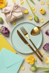 Concept of spring season table setting, top view