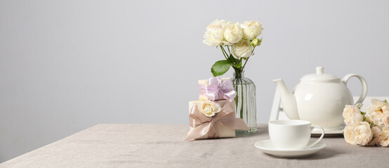 Concept of spring season table setting, space for text