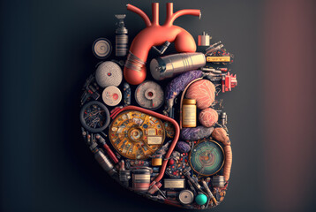 Closeup abstract realistic illustrated image of a human heart made of different objects isolated on a dark background. Health care concept. Generative AI