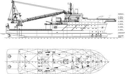 Detailed vector sketch illustration of a cargo resque ship with crane and scale of sizes