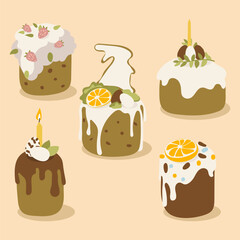 A set of Easter buns, eggs, flowers, candles with decor on a delicate background. Use for banners, picture postcards, stickers, flyers, flyers. Easter palette. Delicate shades cute vector illustration