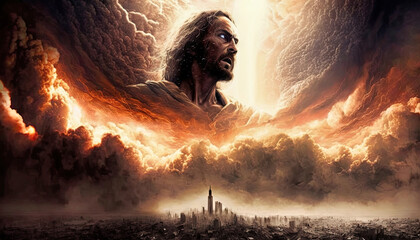Illustration revelation of Jesus Christ, new testament, religion of christianity, heaven and hell over the crowd of people, Jerusalem of the bible. Generative AI