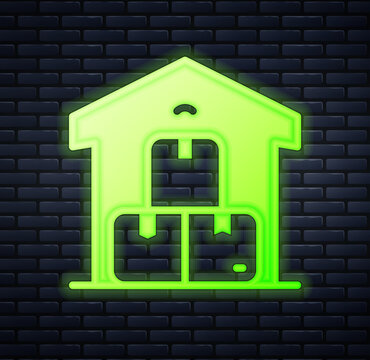 Glowing Neon Full Warehouse Icon Isolated On Brick Wall Background. Vector