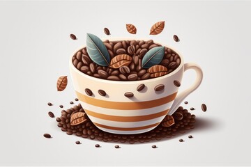 Coffee beans in a coffee cup, white background. Generative AI