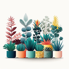 Colorful Plants in Flower Pots on Light Background