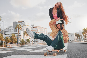 Fun, comic and portrait of friends on a skateboard for the weekend, bonding and playing in the...