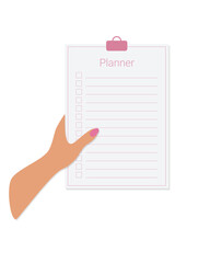 Woman hand holds paper tablet with Planner pink lined for notes, isolated, white background.