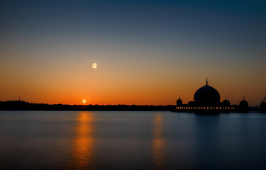 Obraz premium Mosque at Night with Moon, Ramadan Theme Background, Generative AI