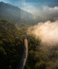 Aerial view with a road winding through a forest during a foggy morning sunrise and clouds of mist - obrazy, fototapety, plakaty