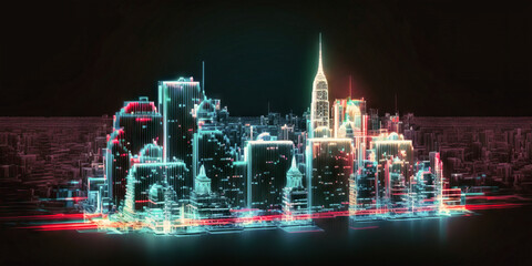 Cyberpunk neon city night. Futuristic city scene in a style of pixel art. 80's wallpaper. Retro future 3D illustration. Urban scene. Generative AI
